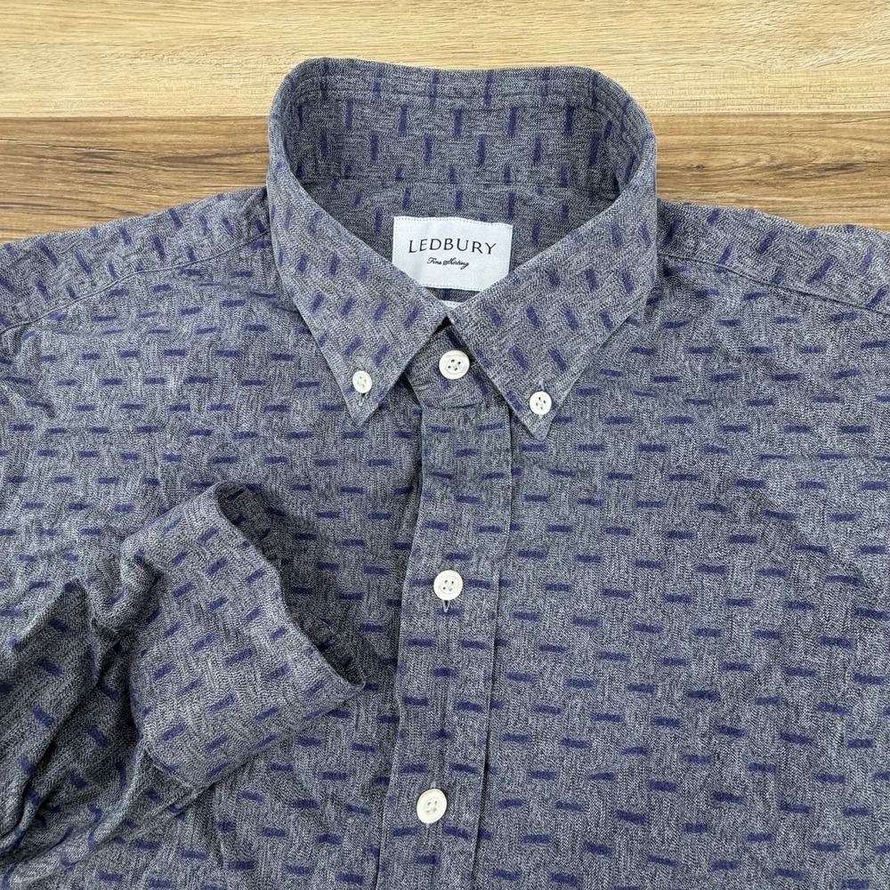 Ledbury Blue‎ Gray Abstract Geometric Cotton Long Sleeve Button-Up Shirt L